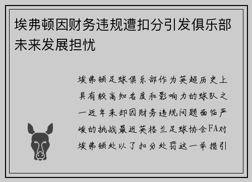 埃弗顿因财务违规遭扣分引发俱乐部未来发展担忧 埃弗顿因财务违规遭扣分引发俱乐部未来发展担忧